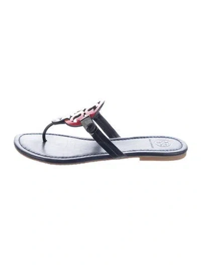 Pre-owned Tory Burch Leather Graphic Print Flip Flops In Blue