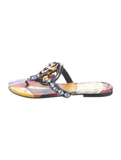 Pre-owned Tory Burch Leather Graphic Print Flip Flops In Blue