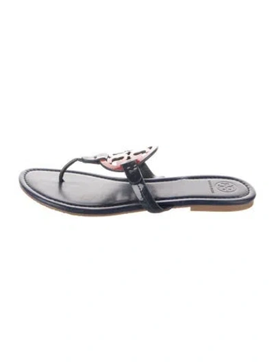 Pre-owned Tory Burch Leather Graphic Print Flip Flops In Blue