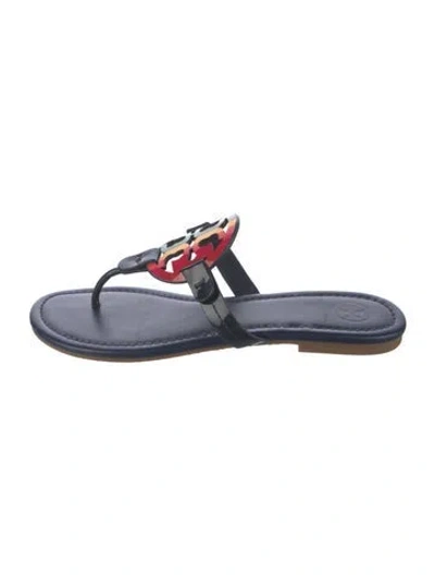 Pre-owned Tory Burch Leather Graphic Print Flip Flops In Blue