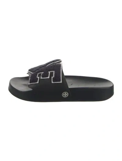 Pre-owned Tory Burch Leather Graphic Print Slides In Blue