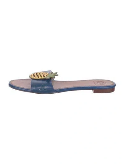 Pre-owned Tory Burch Leather Graphic Print Slides In Blue