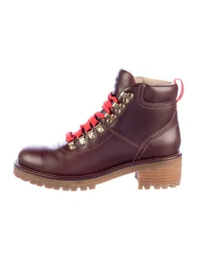 Pre-owned Tory Burch Leather Hiking Boots In Burgundy