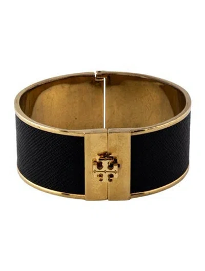 Pre-owned Tory Burch Leather Inlay Hinged Bangle Bracelet, 6.5" In Black