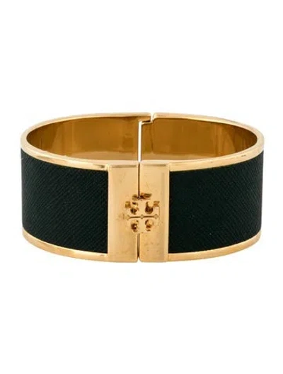 Pre-owned Tory Burch Leather Inlay Hinged Bangle Bracelet, 6.5" In Green