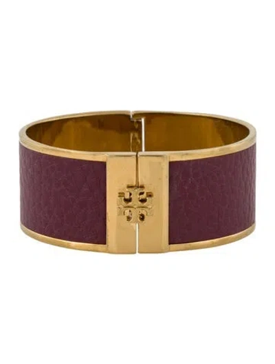 Pre-owned Tory Burch Leather Inlay Hinged Bangle Bracelet, 6.5" In Purple