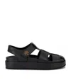 Tory Burch Kira Black Sandals With Logo Plaque In Grained Leather Woman In Black