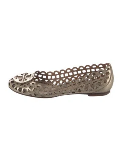Pre-owned Tory Burch Leather Lace Pattern Ballet Flats In Gold/metallic