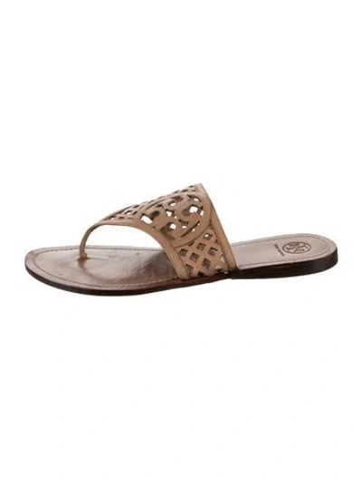 Pre-owned Tory Burch Leather Lace Pattern Flip Flops In Brown