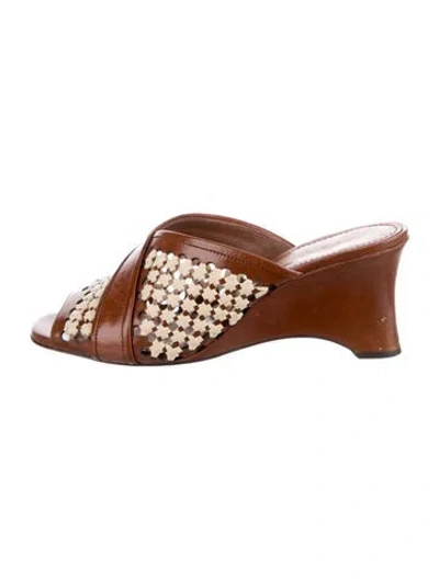 Pre-owned Tory Burch Leather Lace Pattern Slides In Brown