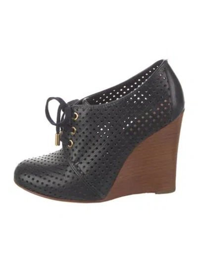 Pre-owned Tory Burch Leather Lasercut Accents Lace-up Boots In Blue