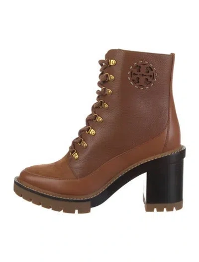 Pre-owned Tory Burch Leather Lasercut Accents Lace-up Boots In Brown
