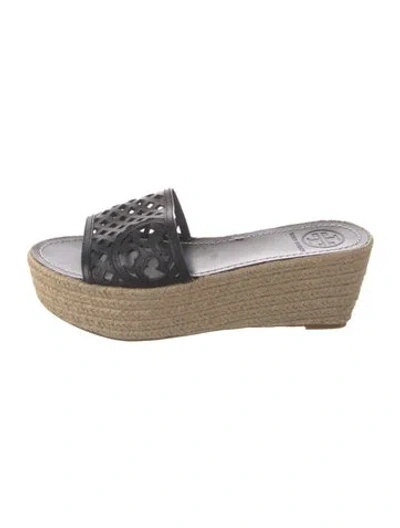 Pre-owned Tory Burch Leather Lasercut Accents Slides In Black
