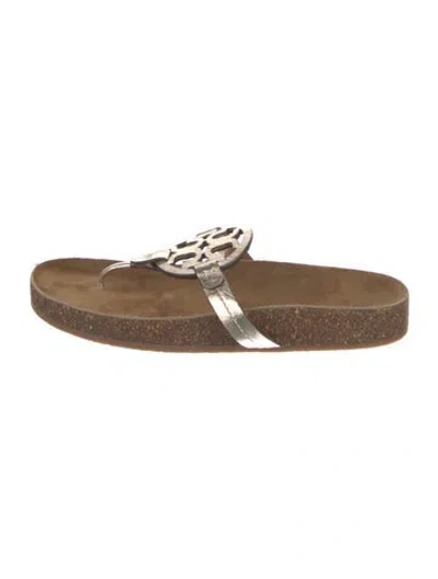 Pre-owned Tory Burch Leather Lasercut Accents Slides In Silver