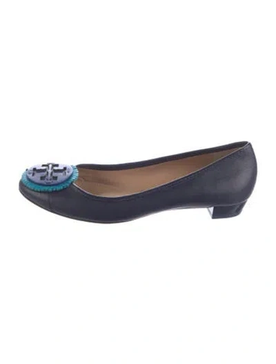 Pre-owned Tory Burch Leather Leather Trim Embellishment Ballet Flats In Blue