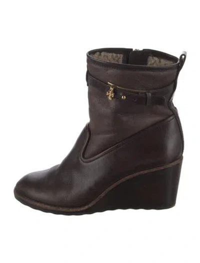 Pre-owned Tory Burch Leather Leather Trim Embellishment Boots In Brown