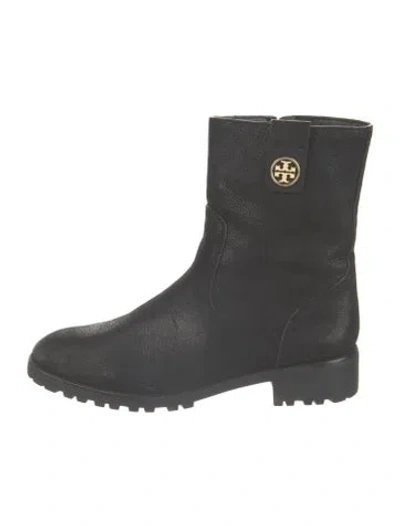 Pre-owned Tory Burch Leather Leather Trim Embellishment Moto Boots In Black