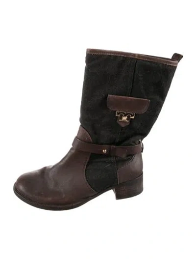 Pre-owned Tory Burch Leather Leather Trim Embellishment Moto Boots In Brown