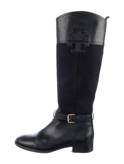 Pre-owned Tory Burch Leather Leather Trim Embellishment Riding Boots In Black