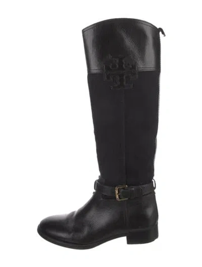 Pre-owned Tory Burch Leather Leather Trim Embellishment Riding Boots In Black