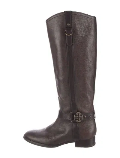 Pre-owned Tory Burch Leather Leather Trim Embellishment Riding Boots In Brown
