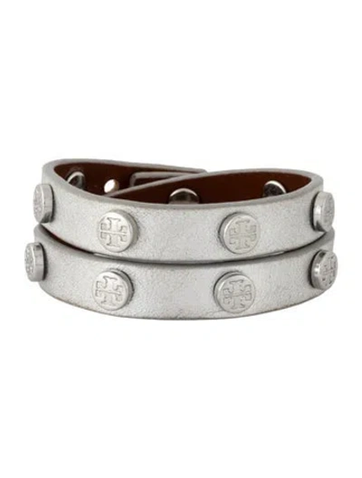 Pre-owned Tory Burch Leather Logo Stud Double Wrap Bracelet, 6.5" In Silver