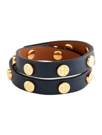 Pre-owned Tory Burch Leather Logo Stud Double Wrap Bracelet In Blue