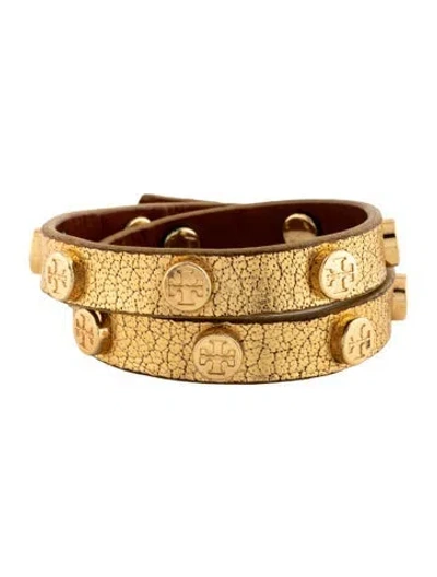 Pre-owned Tory Burch Leather Logo Stud Double Wrap Bracelet In Brown/gold
