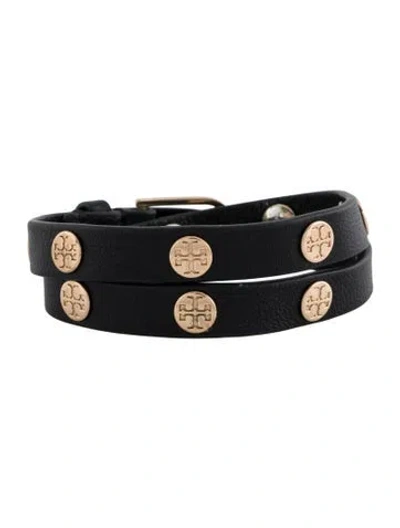 Pre-owned Tory Burch Leather Logo Studded Double Wrap Bracelet In Black