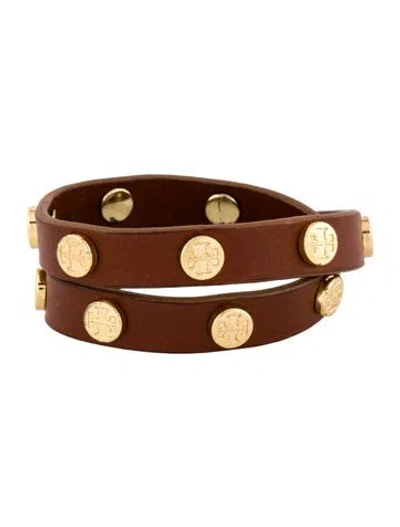 Pre-owned Tory Burch Leather Logo Studded Double Wrap Bracelet In Brown