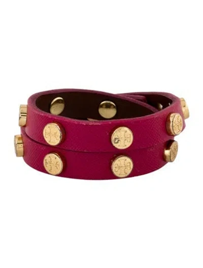 Pre-owned Tory Burch Leather Logo Studded Double Wrap Bracelet In Multi