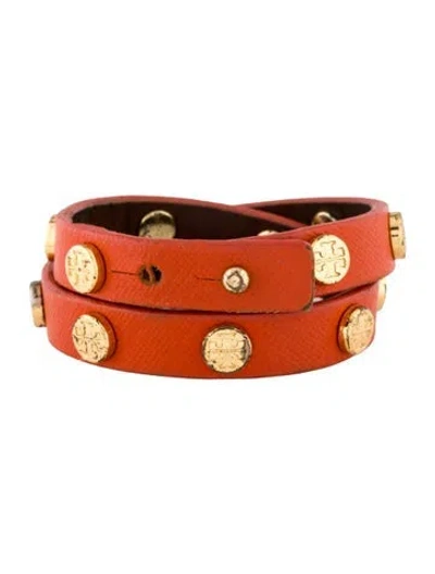 Pre-owned Tory Burch Leather Logo Studded Double Wrap Bracelet In Orange
