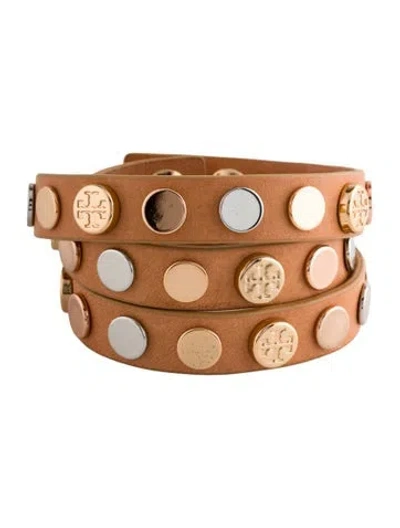 Pre-owned Tory Burch Leather Logo Studded Triple Wrap Bracelet In Neutrals