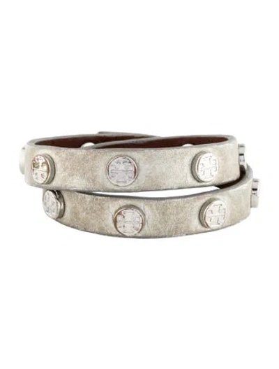 Pre-owned Tory Burch Leather Logo Studded Wrap Bracelet In Silver
