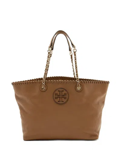 Pre-owned Tory Burch Leather Logo Tote Bag In Brown