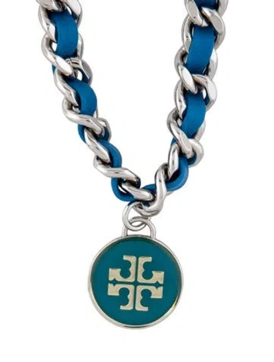 Pre-owned Tory Burch Leather Long Chain Pendant Necklace, 32" In Blue