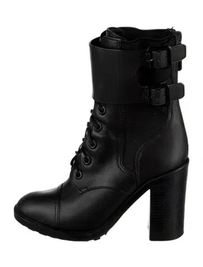 Pre-owned Tory Burch Leather Mesh Accents Lace-up Boots In Black