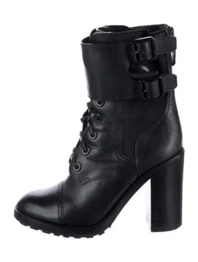 Pre-owned Tory Burch Leather Mesh Accents Lace-up Boots In Black