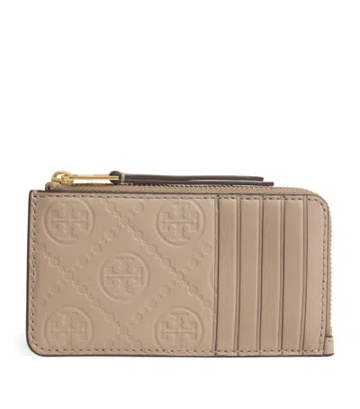 Tory Burch Leather Monogram Card Holder In Beige