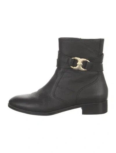 Pre-owned Tory Burch Leather Moto Boots In Black