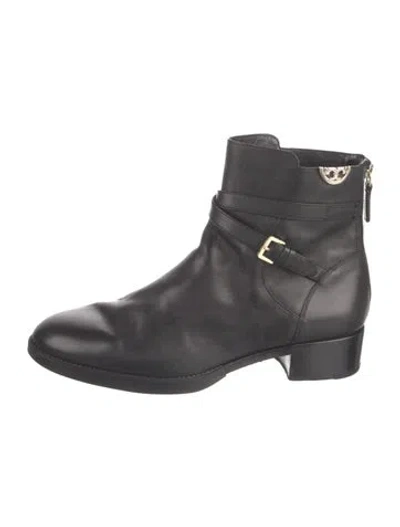 Pre-owned Tory Burch Leather Moto Boots In Black