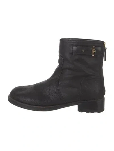 Pre-owned Tory Burch Leather Moto Boots In Black