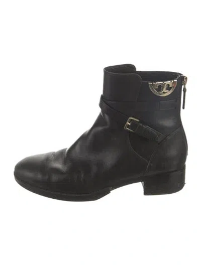 Pre-owned Tory Burch Leather Moto Boots In Black