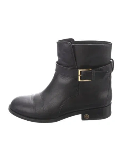 Pre-owned Tory Burch Leather Moto Boots In Black