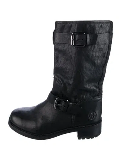 Pre-owned Tory Burch Leather Moto Boots In Black