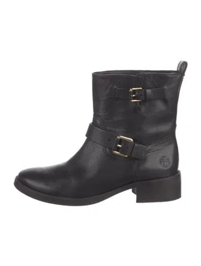 Pre-owned Tory Burch Leather Moto Boots In Black