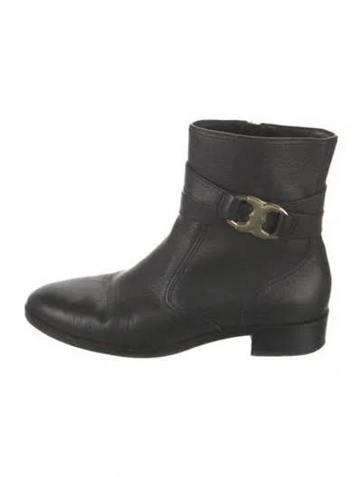 Pre-owned Tory Burch Leather Moto Boots In Black