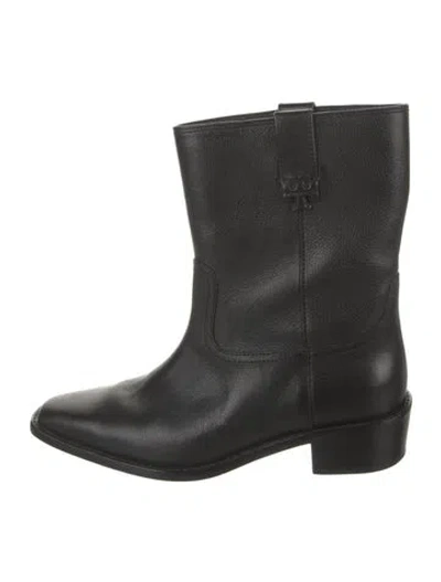 Pre-owned Tory Burch Leather Moto Boots In Black