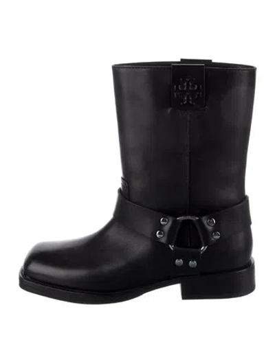 Pre-owned Tory Burch Leather Moto Boots In Black