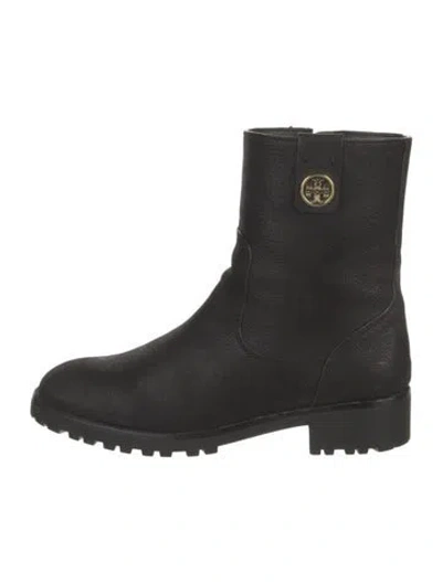 Pre-owned Tory Burch Leather Moto Boots In Black